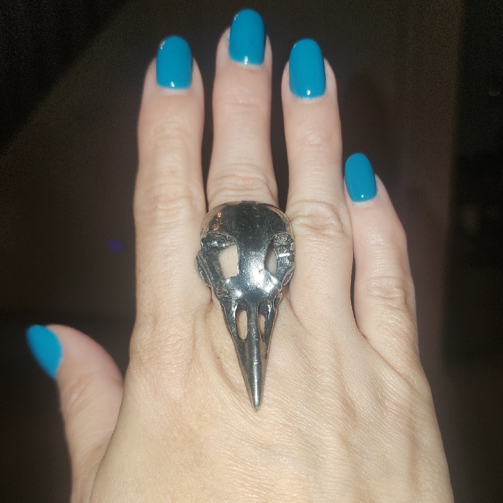 Martha Rotten plain lead free pewter blue jay skull ring adjustable